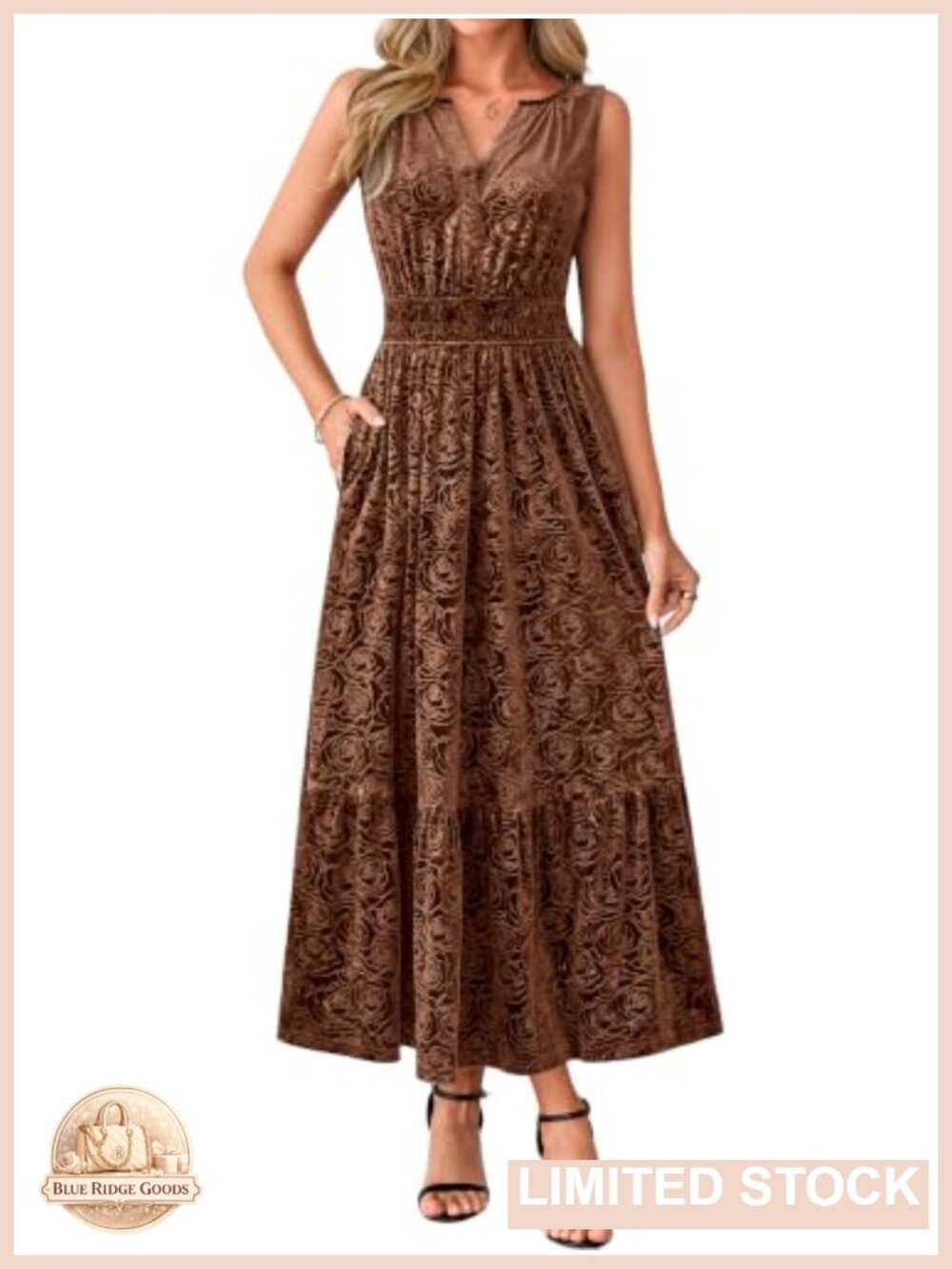 Velvet Sleeveless V-Neck Maxi Dress Floral Semi-Formal Wedding Guest